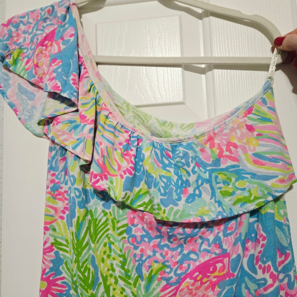 Lilly Pulitzer One Shoulder Ruffle Top Blue Pink Floral Print Women XS